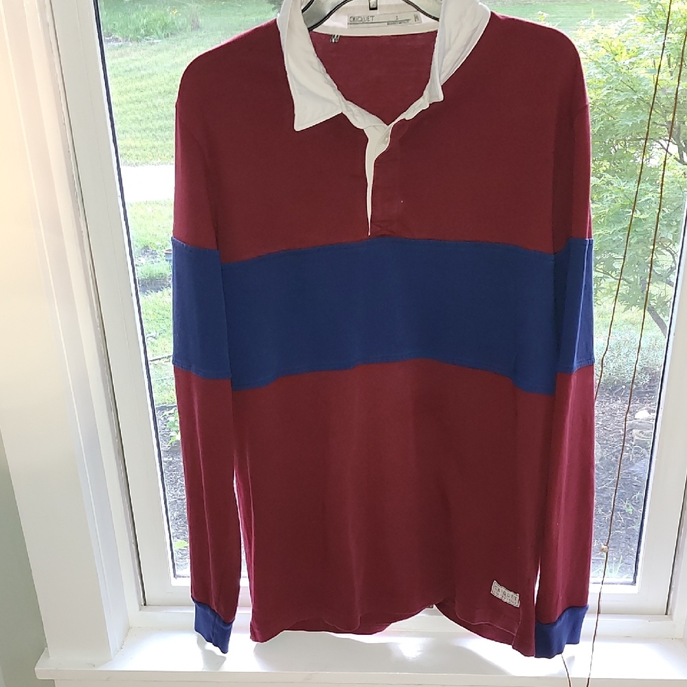 RUGBY SHIRT, Maroon, Navy And White. Long Sleeves. No Stains. Used And Washed..